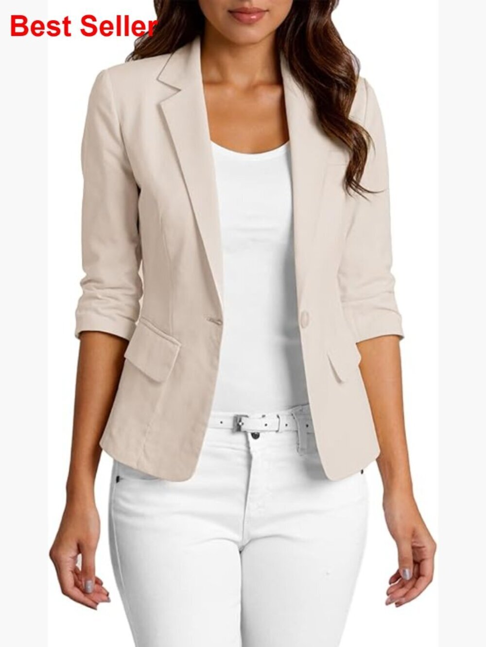 Linen Blend 3/4 Sleeve Blazer Lightweight Breathable Fully-Lined Slim Office